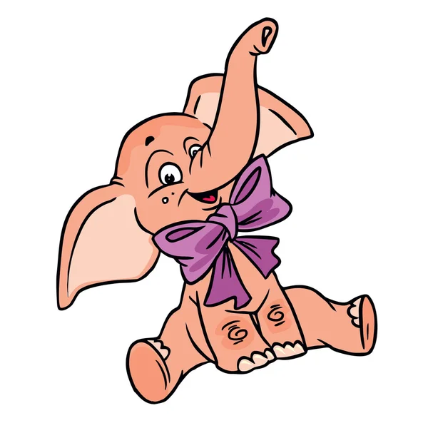 Happy pink elephant with bow — Stok Vektör